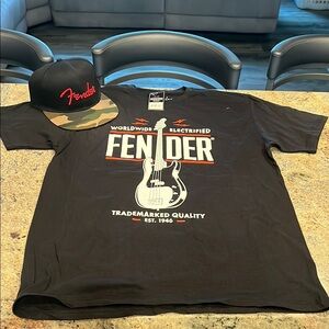 Fender Black and Red T-Shirt with Camo Snap Back Cap NWT